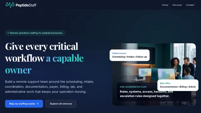 Peptide Staff virtual assistant company website screenshot