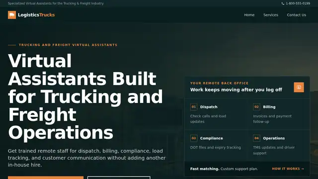 Logistics Trucks virtual assistant company website screenshot