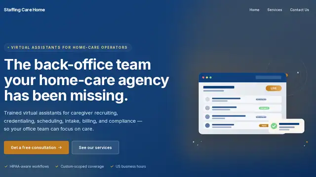 Staffing Care Home virtual assistant company website screenshot
