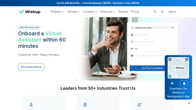 Wishup virtual assistant company website screenshot