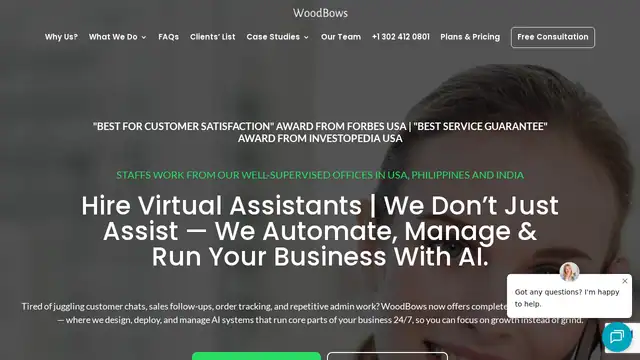 WoodBows virtual assistant company website screenshot