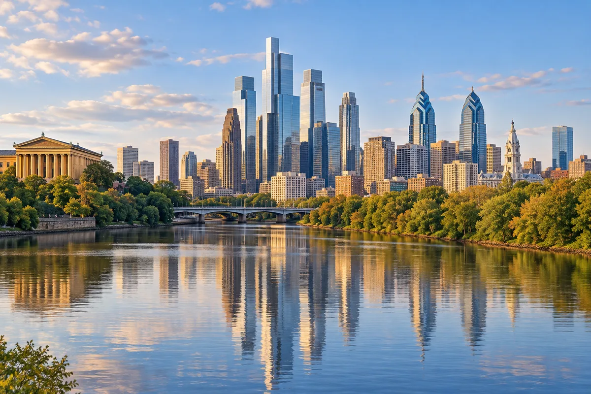 Illustration of Philadelphia’s skyline beside the Schuylkill River