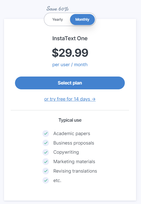 A screenshot of InstaText pricing