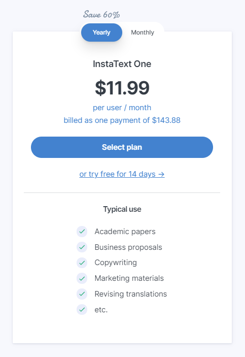 A screenshot of InstaText pricing