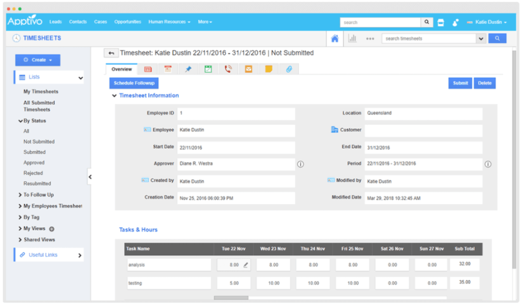 A screenshot of apptivo app time tracking feature