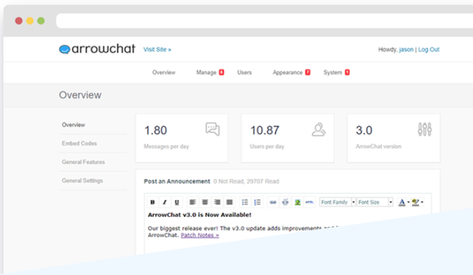 A screenshot of arrowchat admin panel page