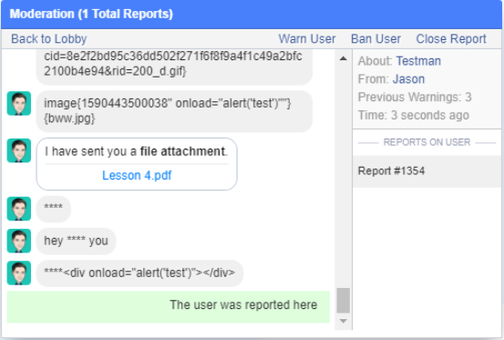 A screenshot of arrowchat moderation feature