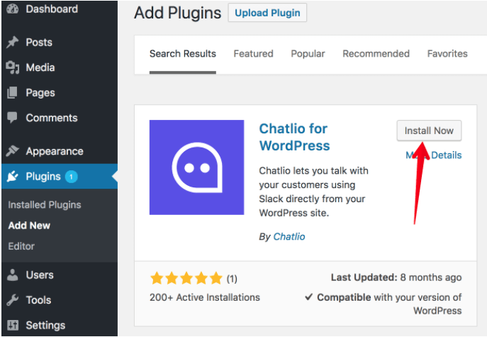 A screenshot of installing Chatlio plugin in WordPress.