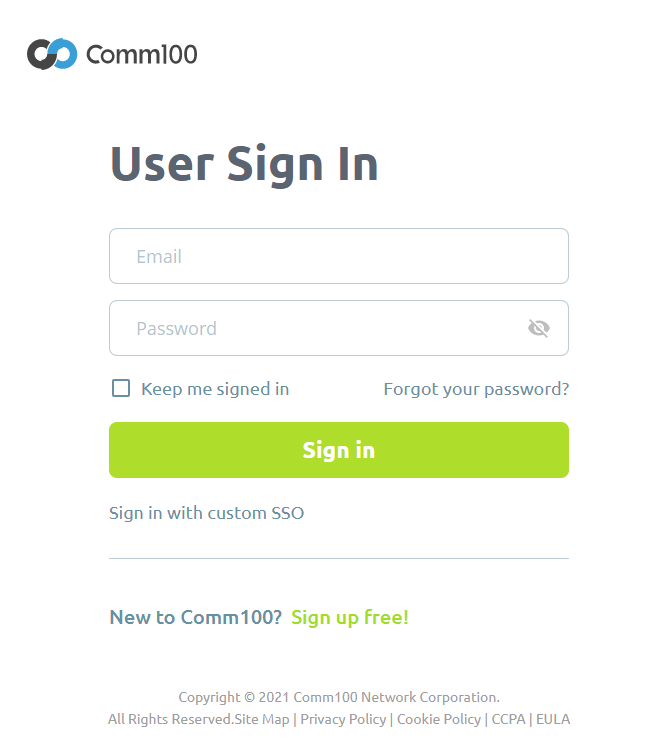 A screenshot of Comm100 live chat login page