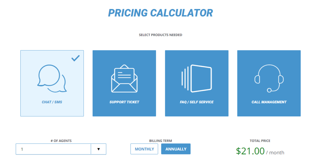 A screenshot of livehelpnow pricing calculator