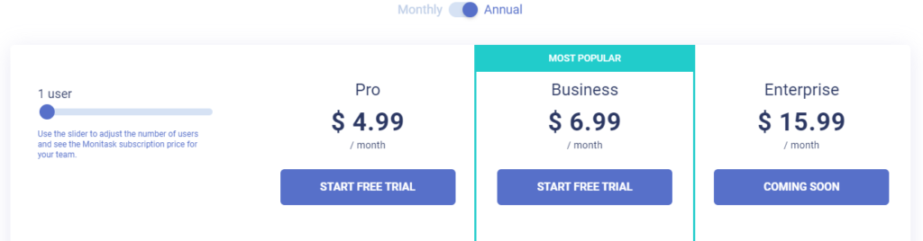 A screenshot of monitask pricing