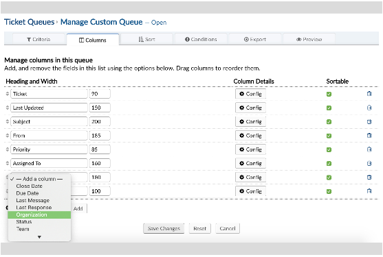 A screenshot of osticket custom columns and queues feature