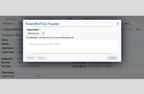 A screenshot of osticket transfer feature