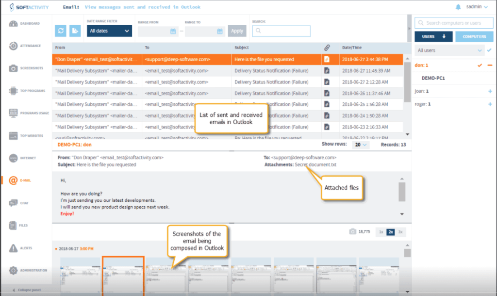 A screenshot of softactivity email recording feature.