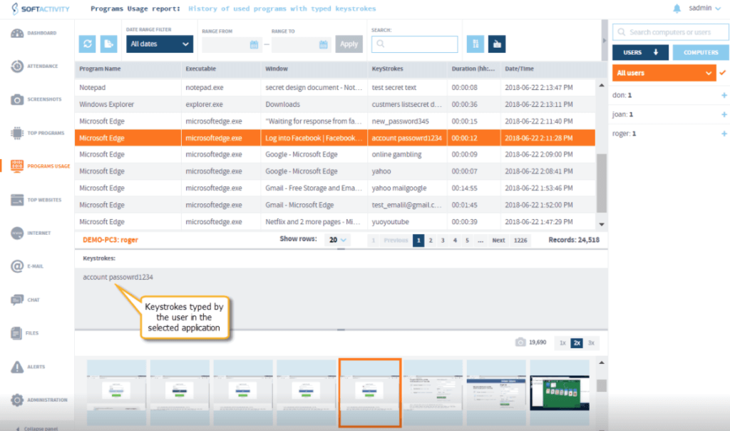 A screenshot of softactivity track keystrokes feature