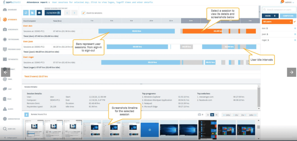 A screenshot of softactivity user attendance tracking feature.