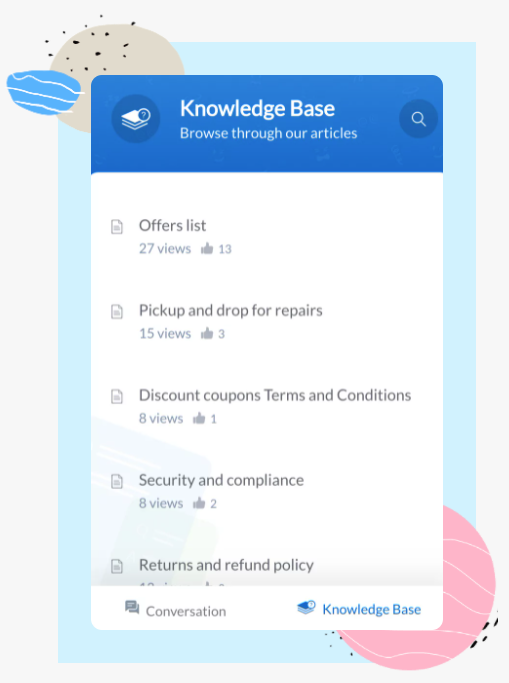 A screenshot of zoho salesiq knowledge base feature