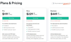 A screenshot of semrush pricing plan
