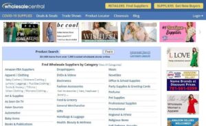 A screenshot of wholesale central website as one of the dropshipping suppliers
