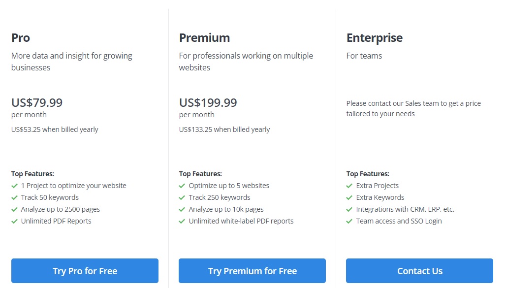 A screenshot of woorank pricing plan