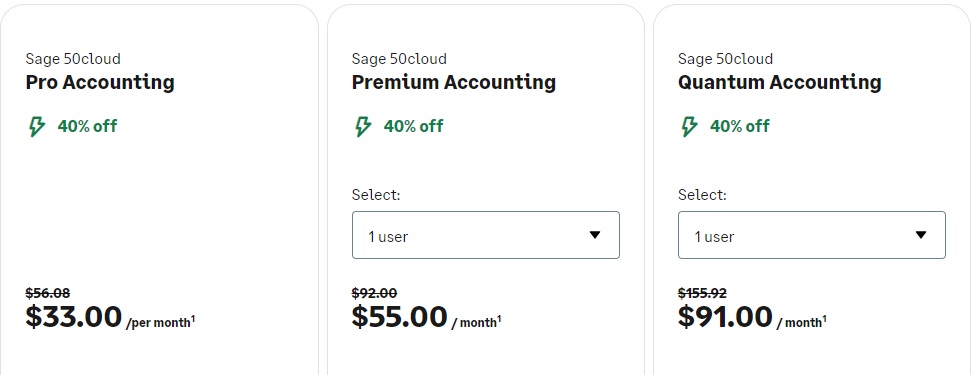 A screenshot of sage 50cloud pricing