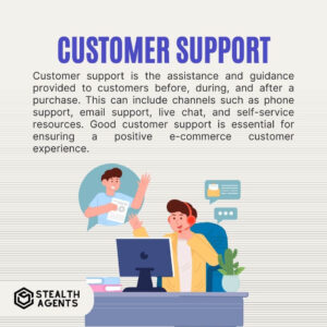 Customer Support Customer support is the assistance and guidance provided to customers before, during, and after a purchase. This can include channels such as phone support, email support, live chat, and self-service resources. Good customer support is essential for ensuring a positive e-commerce customer experience.