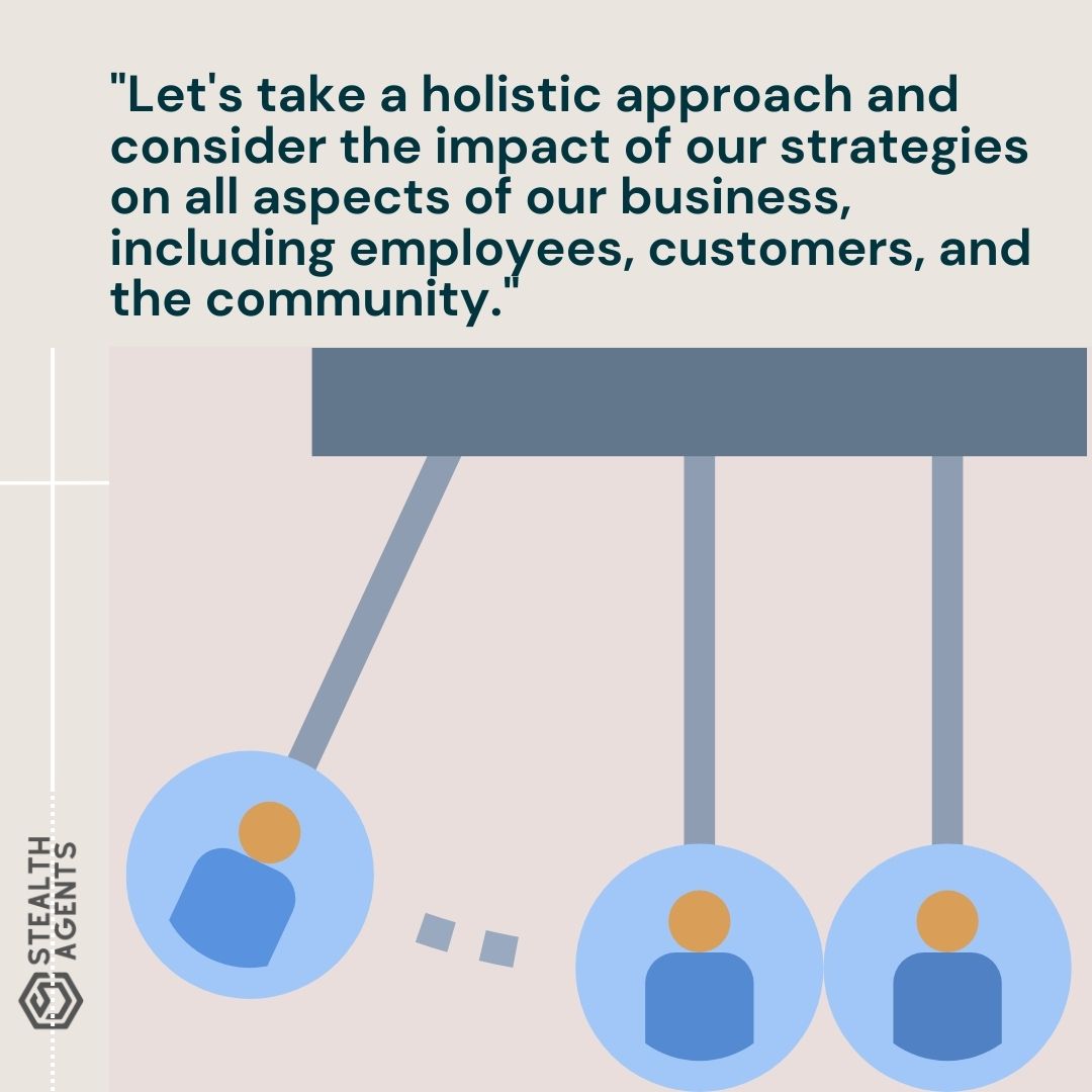 "Let's take a holistic approach and consider the impact of our strategies on all aspects of our business, including employees, customers, and the community."