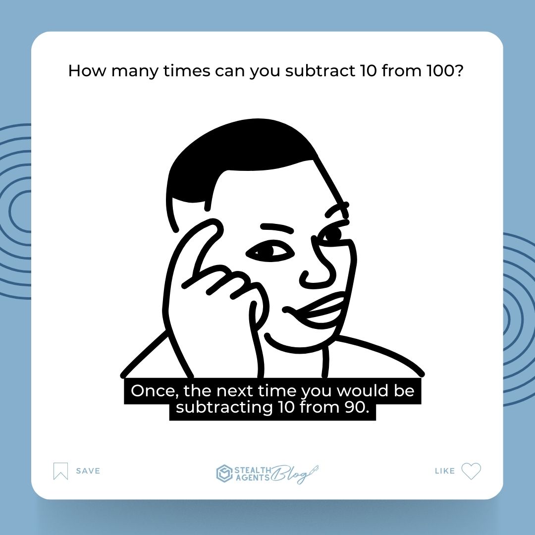 How many times can you subtract 10 from 100? Once, the next time you would be subtracting 10 from 90.