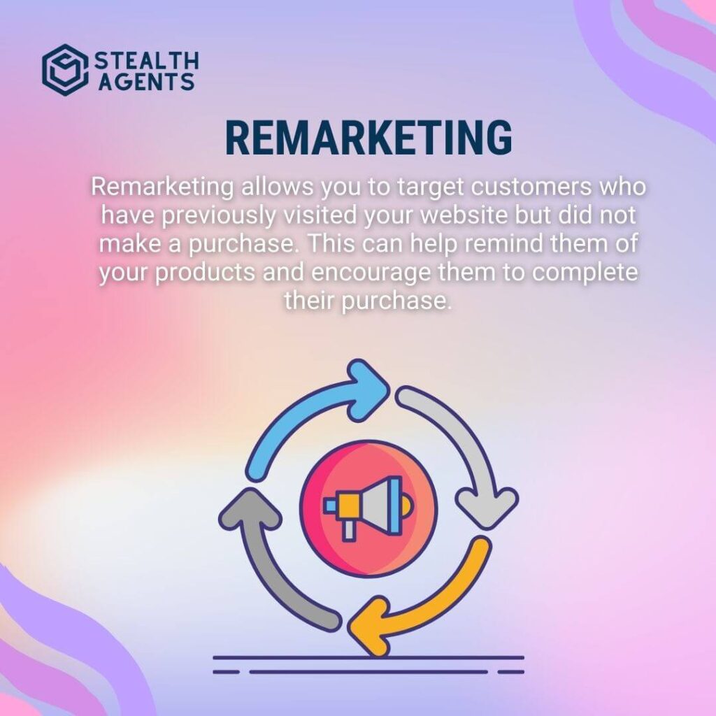 Remarketing Remarketing allows you to target customers who have previously visited your website but did not make a purchase. This can help remind them of your products and encourage them to complete their purchase.